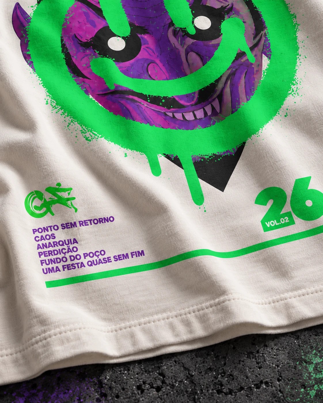 Detalhe da estampa: smiley em spray, ficha técnica e selo 26 Vol.02