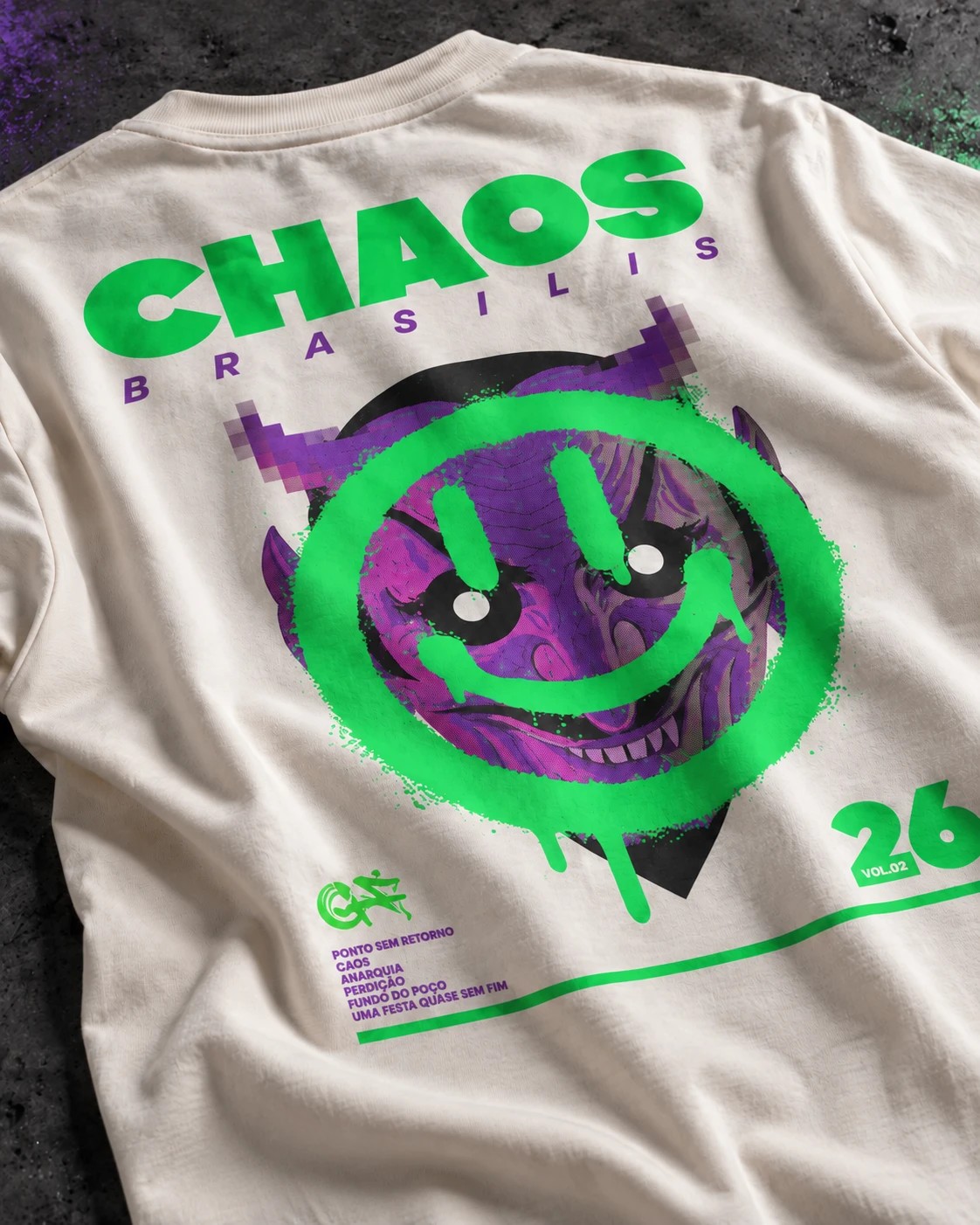 Costas da camiseta GF2026 com a estampa Chaos Brasilis completa